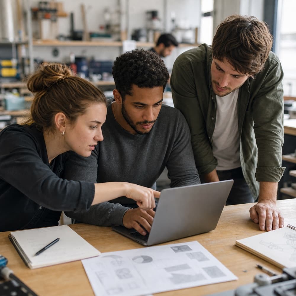 Two participants building together at a laptop in a build lab